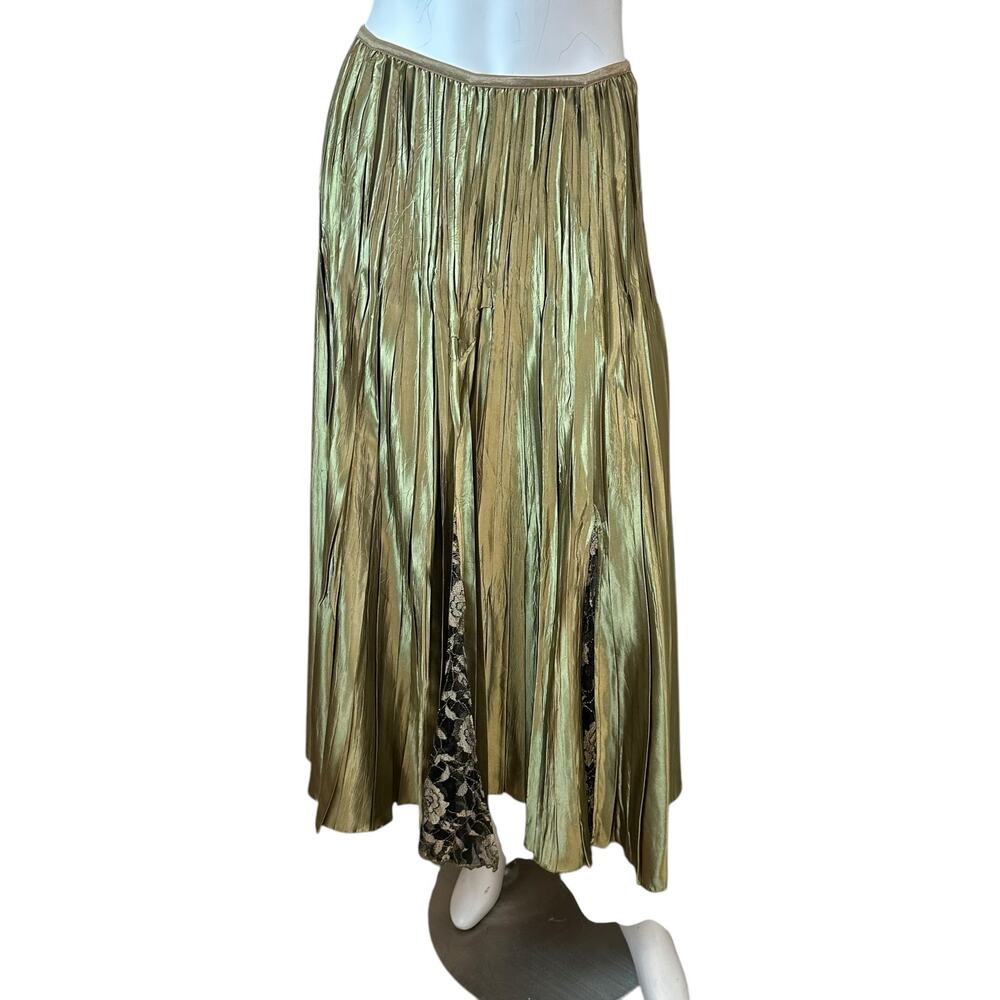 Komarov Chartreuse Green Satin Crinkle Maxi Modest Evening Cocktail Skirt S/M